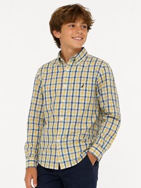 Nautica Boys Medium 10/12 Plaid Button Down Shirt Blue Yellow
